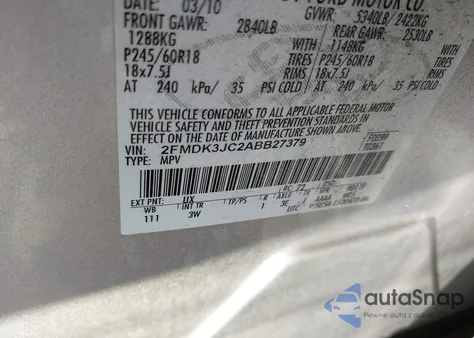 2010 Ford Edge Sel z USA, uszkodzony, nr VIN 2FMDK3JC2ABB27379